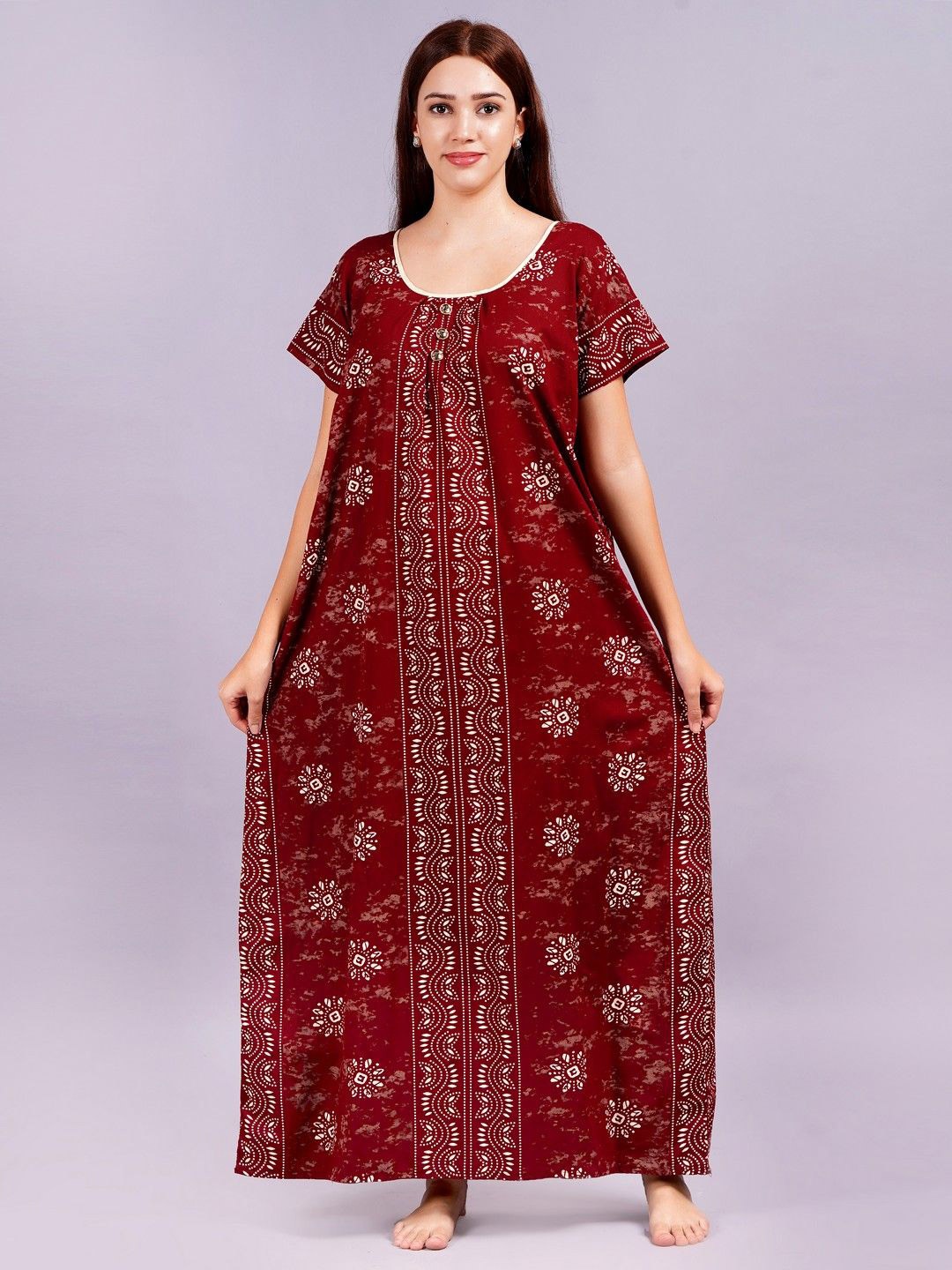

Breezly Women Pure Cotton Ethnic Motifs Printed Maxi Nightdress, Maroon
