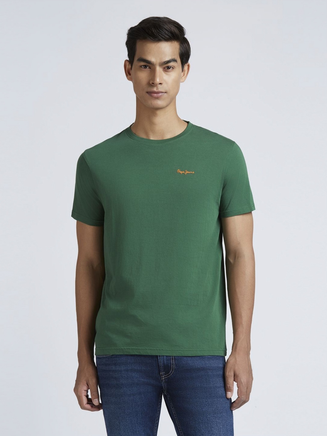 

Pepe Jeans Men Typography Printed Round Neck Pure Cotton T-shirt, Green