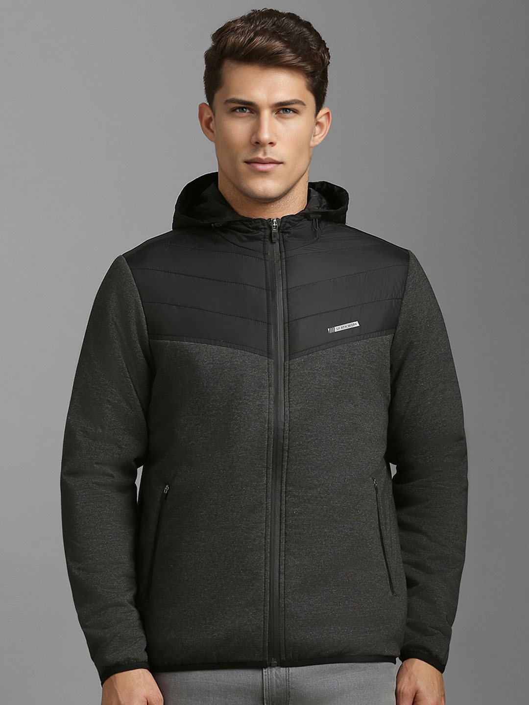 

Louis Philippe Sport Men Colourblocked Open Front Hooded Jacket, Grey