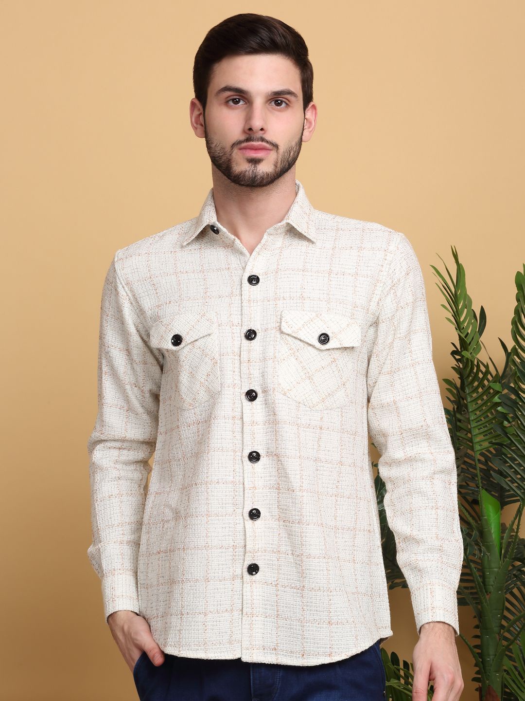 

KLOTTHE Men Spread Collar Tartan Checked Wool Casual Shirt, Cream