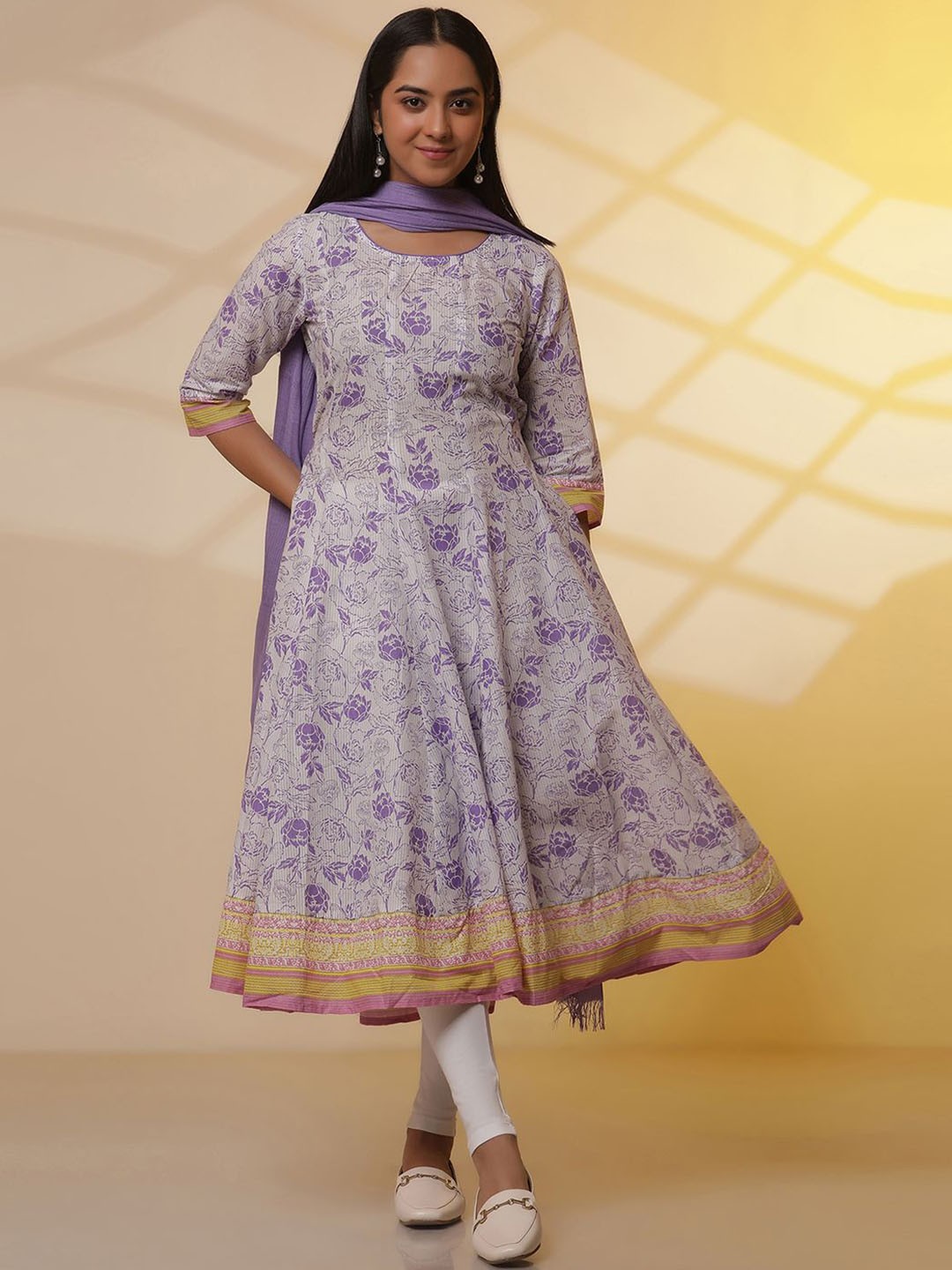 

AURELIA Floral Printed Panelled Pure Cotton Anarkali Kurta With Leggings and Dupatta, White