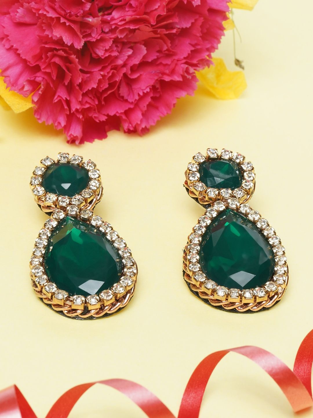 

KPOP Gold-Plated Teardrop Shaped Artificial Stones Drop Earrings, Green