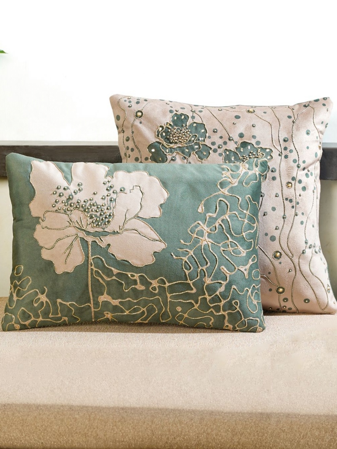

Mid July Home Green & Cream-Coloured 2 Pieces Floral Velvet Square Cushion Covers