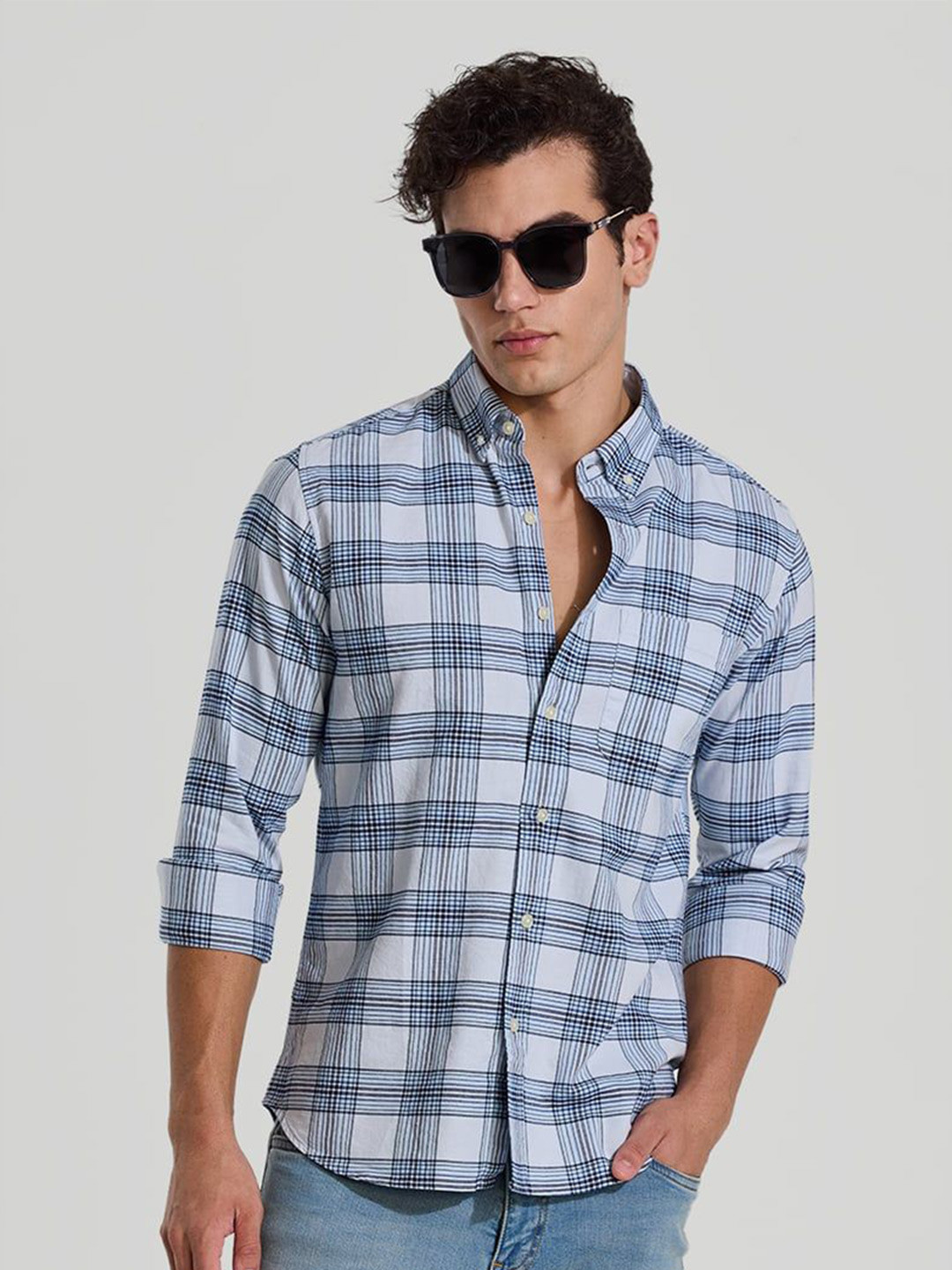 

Snitch Men Smart Button-Down Collar Tartan Checked Cotton Casual Shirt, Blue