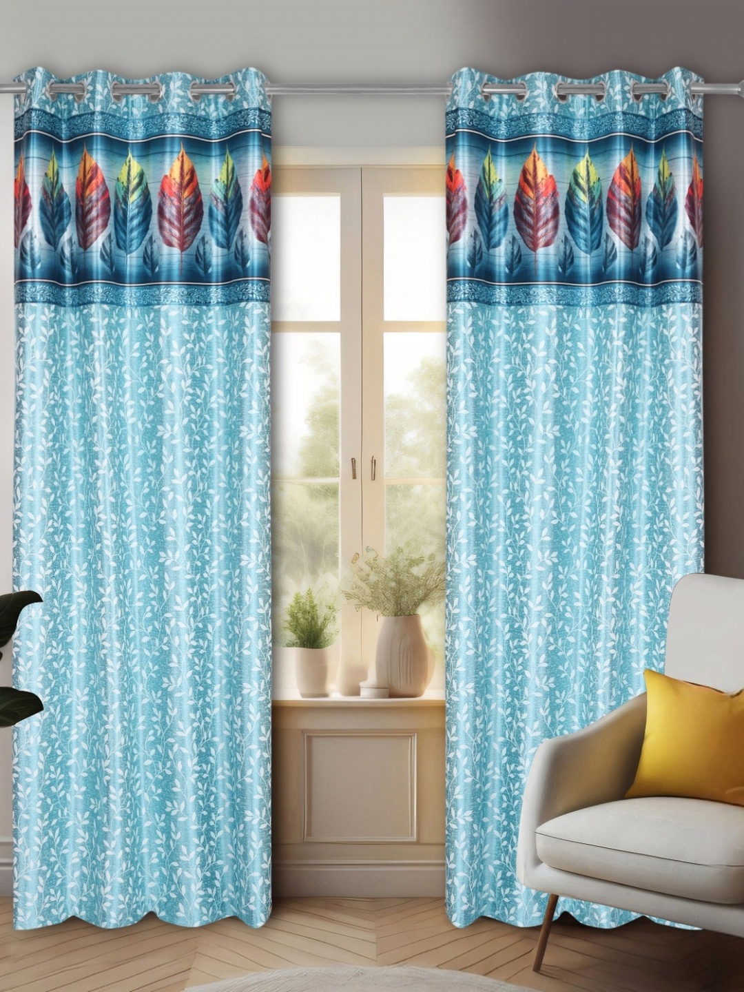 

REYANSH DECOR Turquoise Blue & White 2 Pieces Floral Room Darkening Door Curtains