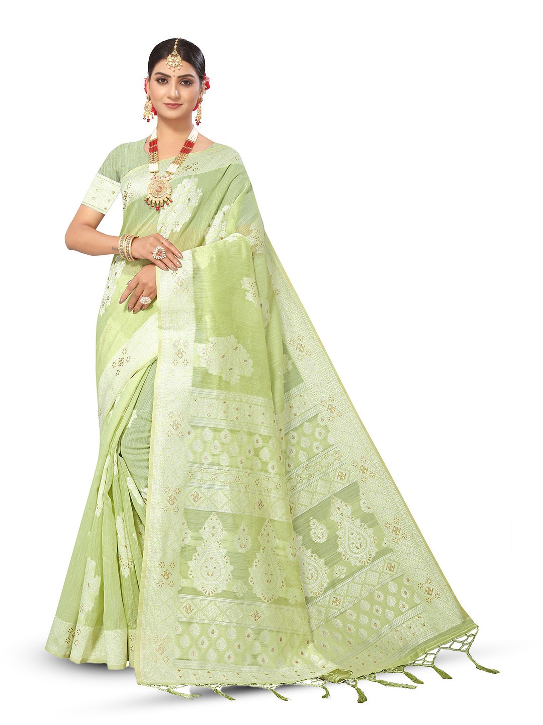 

Maroosh Women Ethnic Motifs Zari Saree With Blouse Piece, Lime green