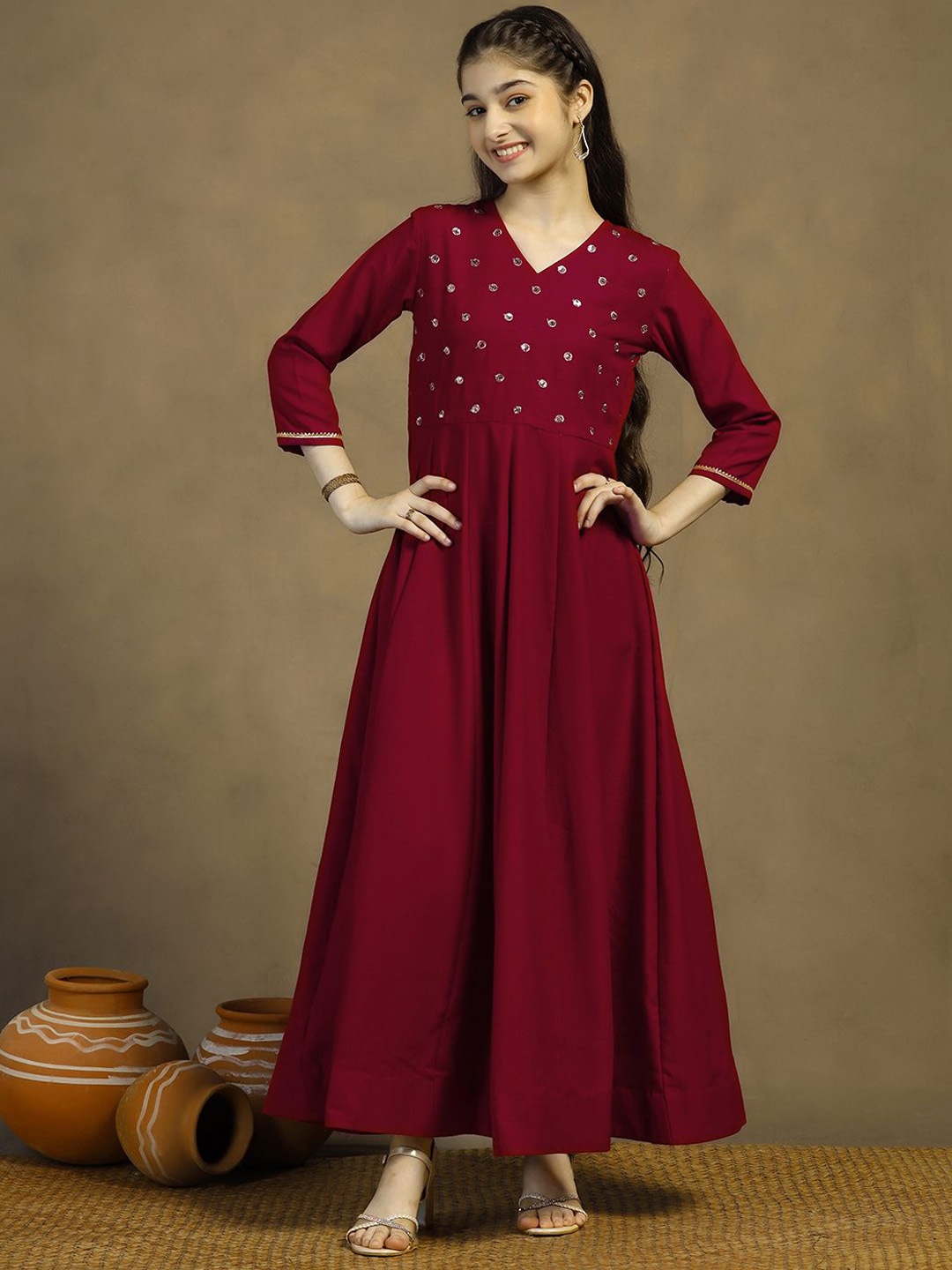 

BAESD Girls Solid Fit & Flare Cotton Ethnic Dresses, Maroon