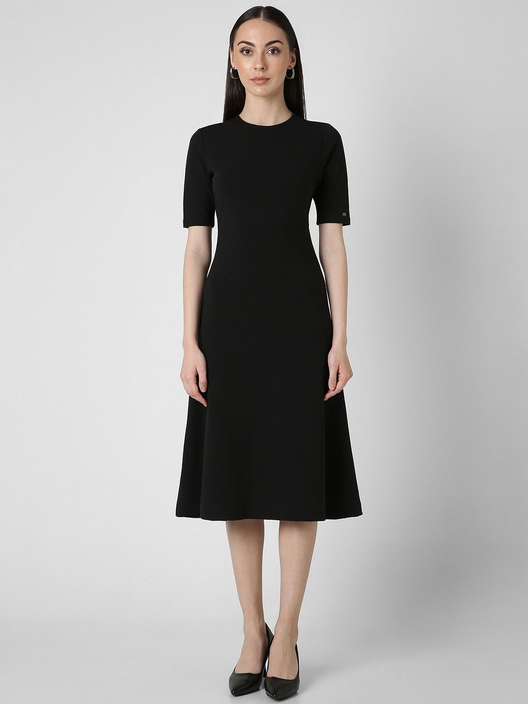 

Van Heusen Woman Solid Round Neck Fit & Flare Dress, Black