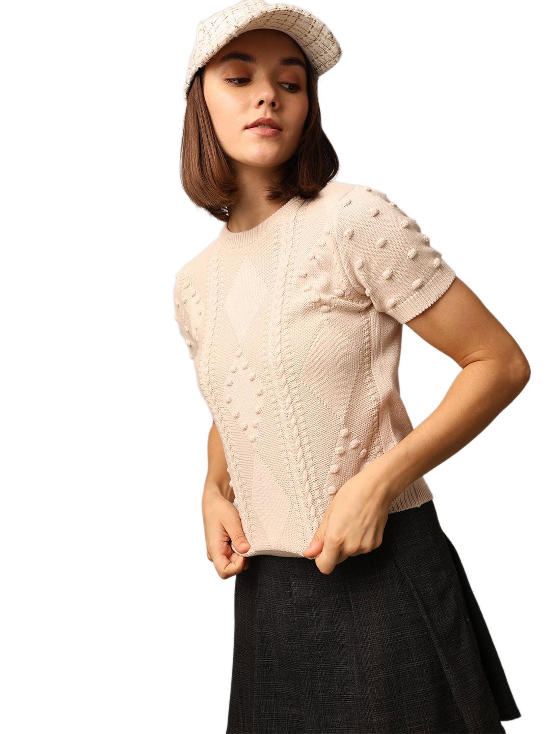 

ONLY Women Self Design Round Neck Cotton Top, Beige