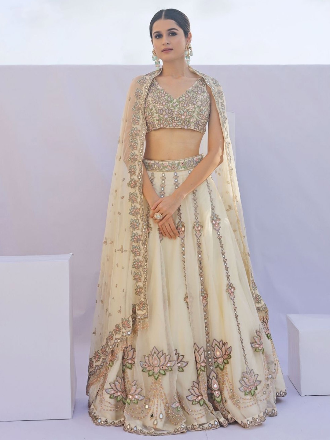 

Foram patel Embroidered Mirror Work Ready to Wear Organza Lehenga & Choli With Dupatta, Cream