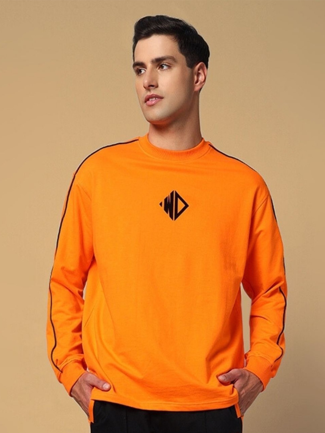 

WEARDUDS Men Brand Logo Printed Round Neck Cotton Pullover Sweatshirt, Orange