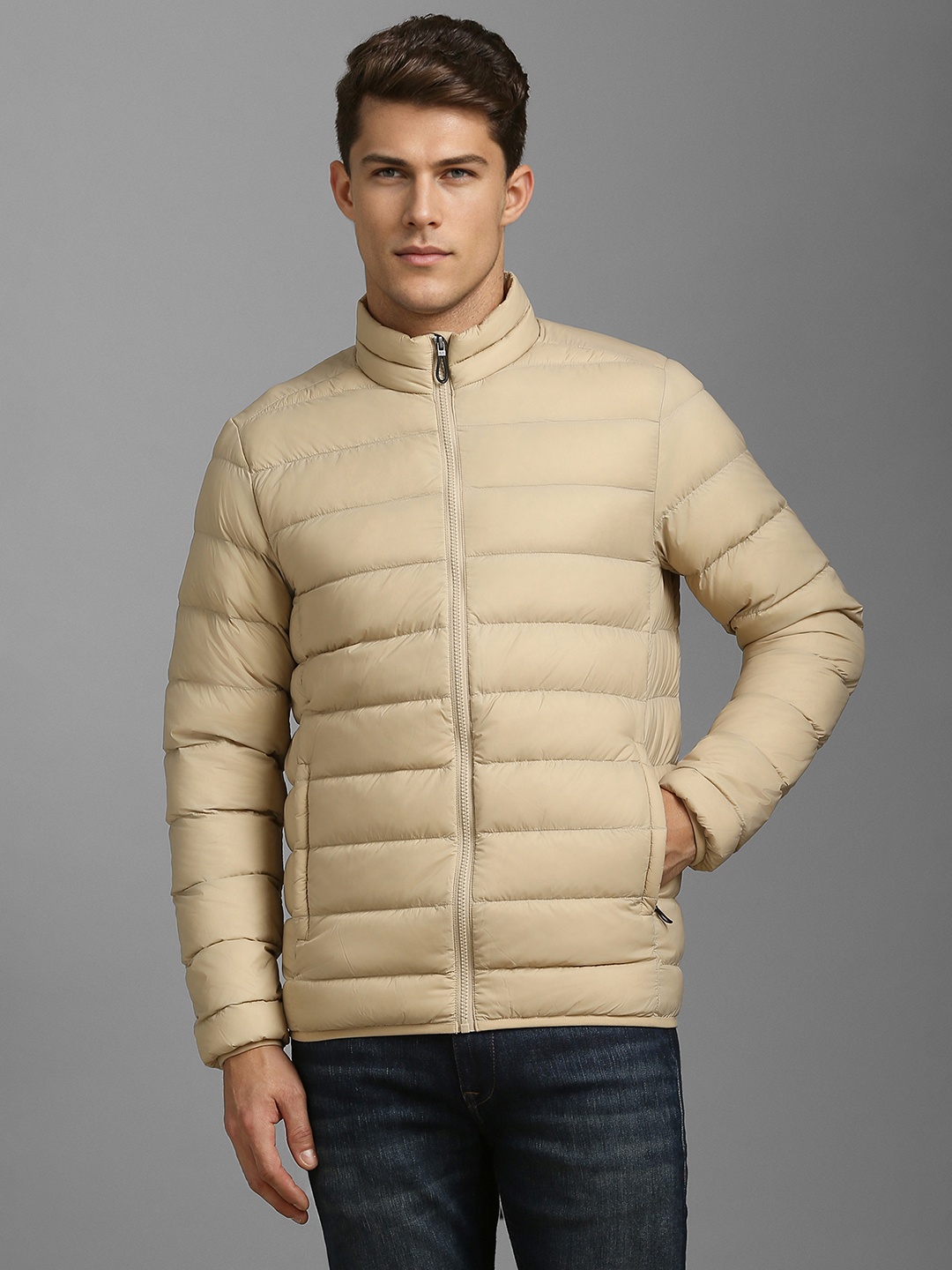 

Louis Philippe Sport Men Solid Mock Collar Open Front Jacket, Beige
