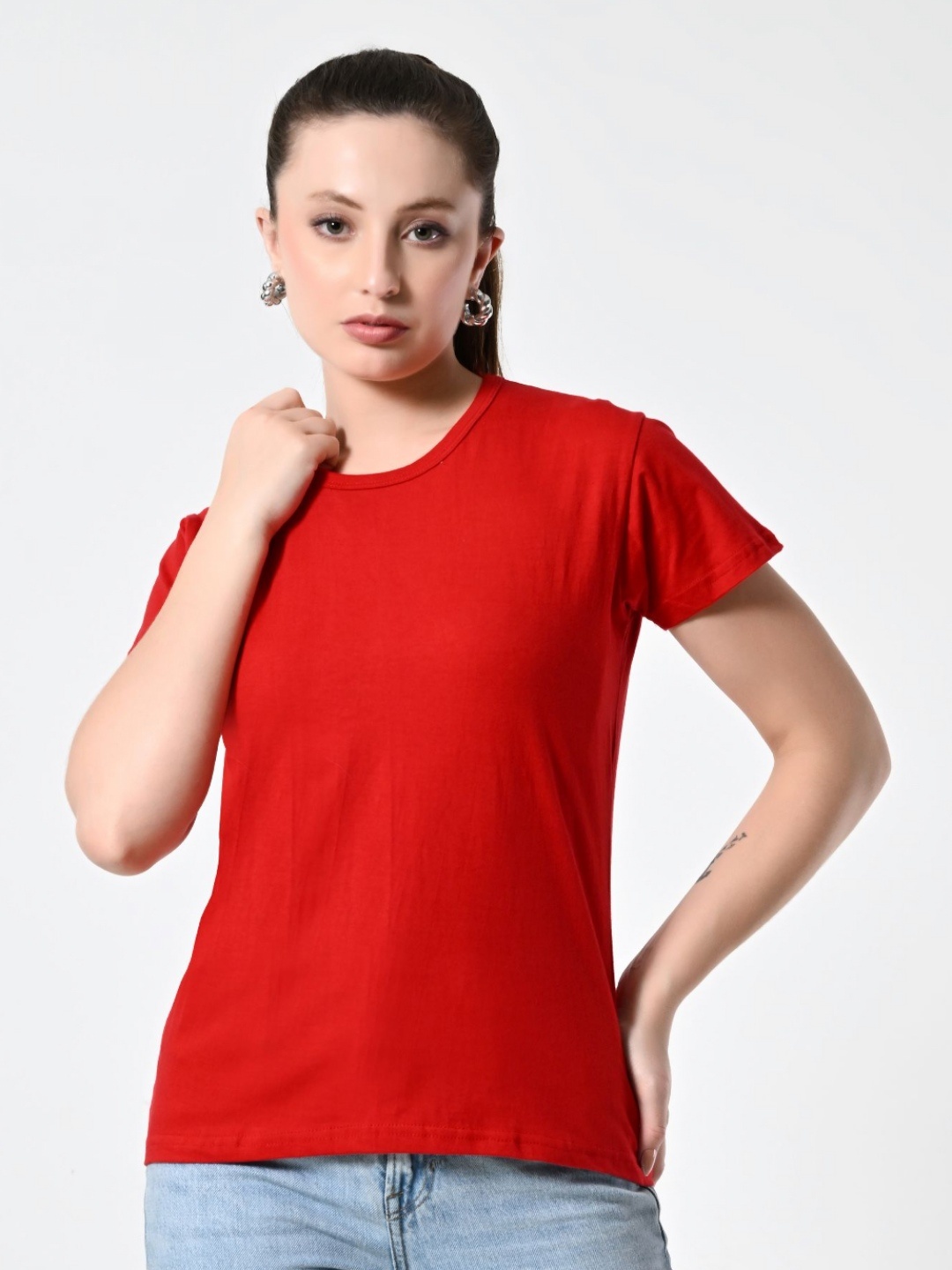 

BAESD Women Solid Round Neck Cotton T-shirt, Red