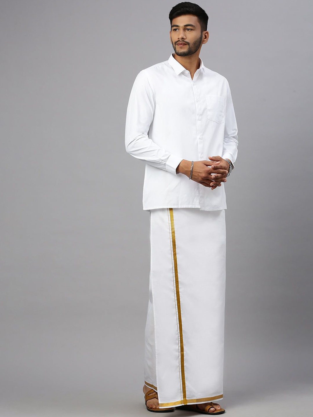 

Ramraj Men Solid Adjustable Dhoti with Border, White