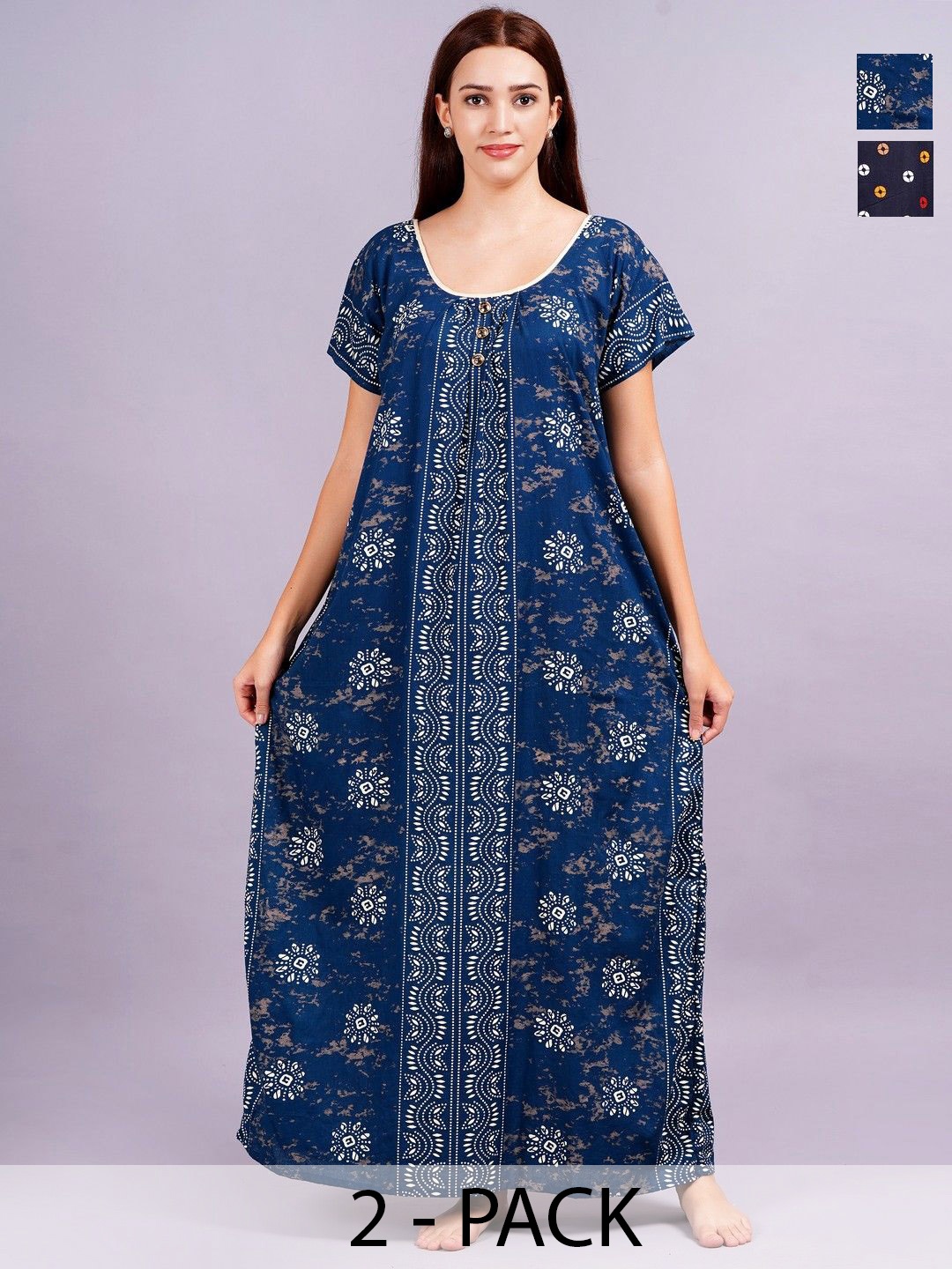 

Breezly Women Pack of 2 Printed Pure Cotton Maxi Nightdress, Blue
