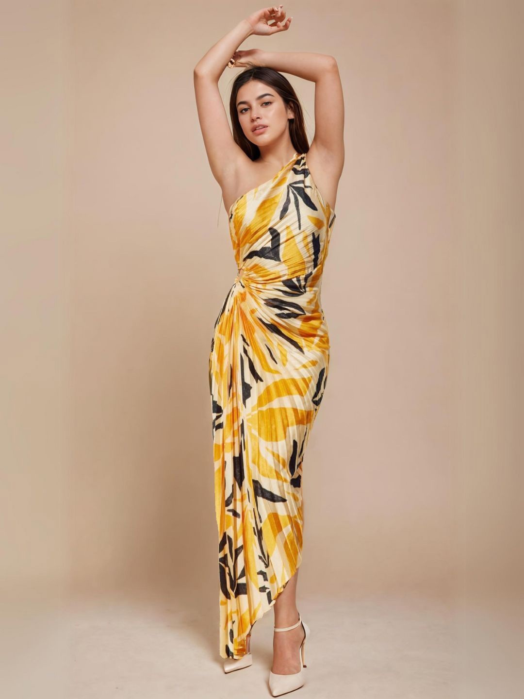

WomanLikeU Tropical Print One Shoulder Crepe A-Line Maxi Dress, Yellow