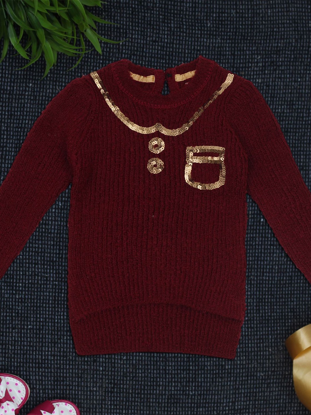 

Yellow Apple Girls Embellished Woollen Pullover Sweater, Maroon