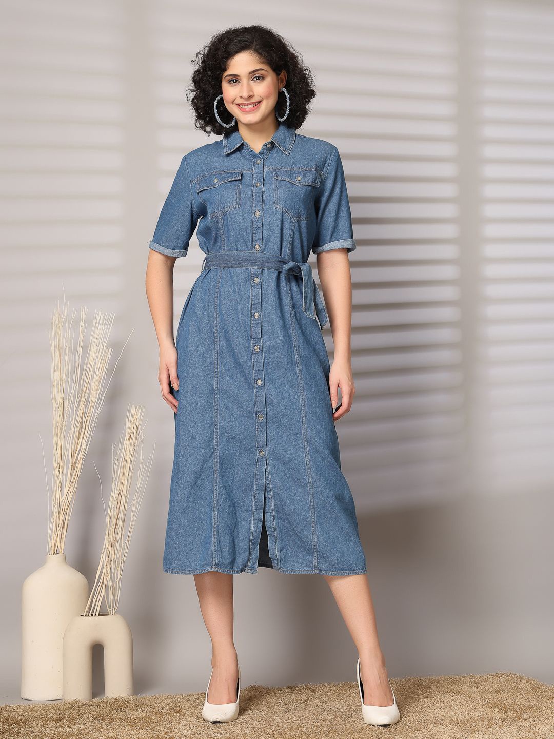 

The Roadster Lifestyle Co Pure Cotton Midi Shirt Style Dress, Blue