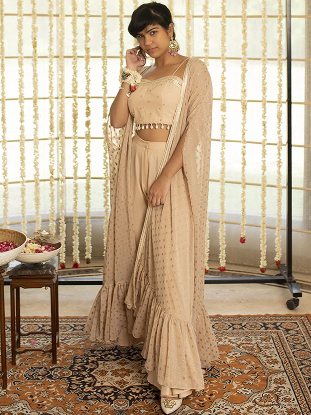 

KOVET Printed Top With Palazzo & Kaftan Jacket Set, Peach