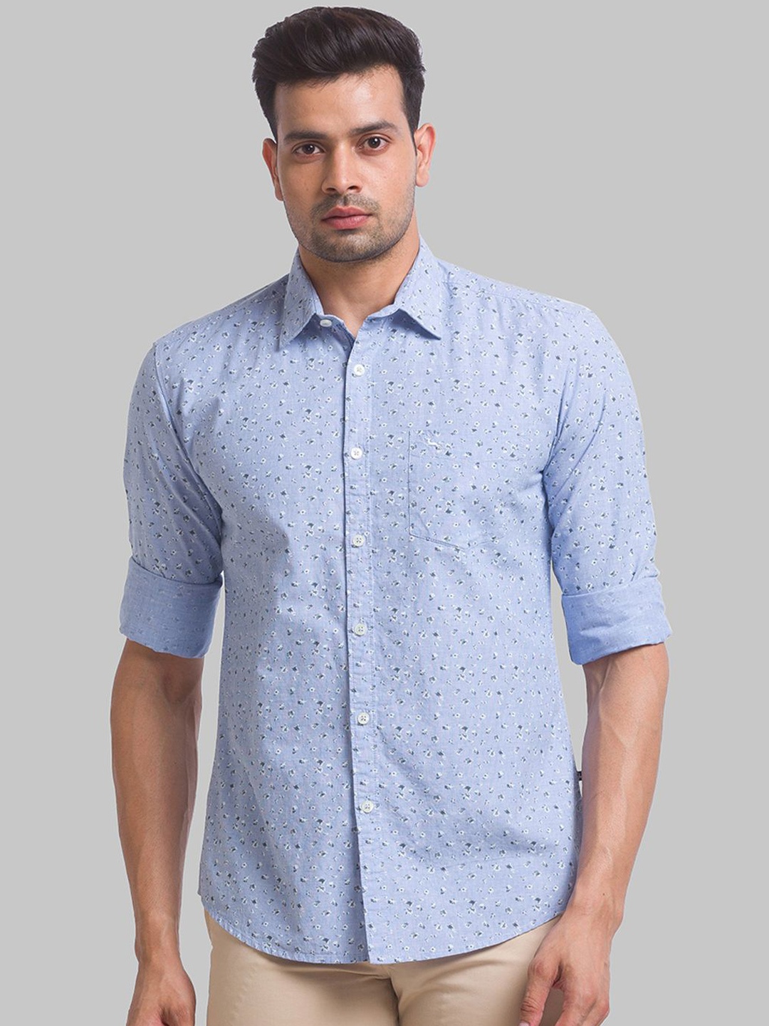 

Parx Men Cutaway Collar Micro Ditsy Printed Cotton Slim Fit Casual Shirt, Blue