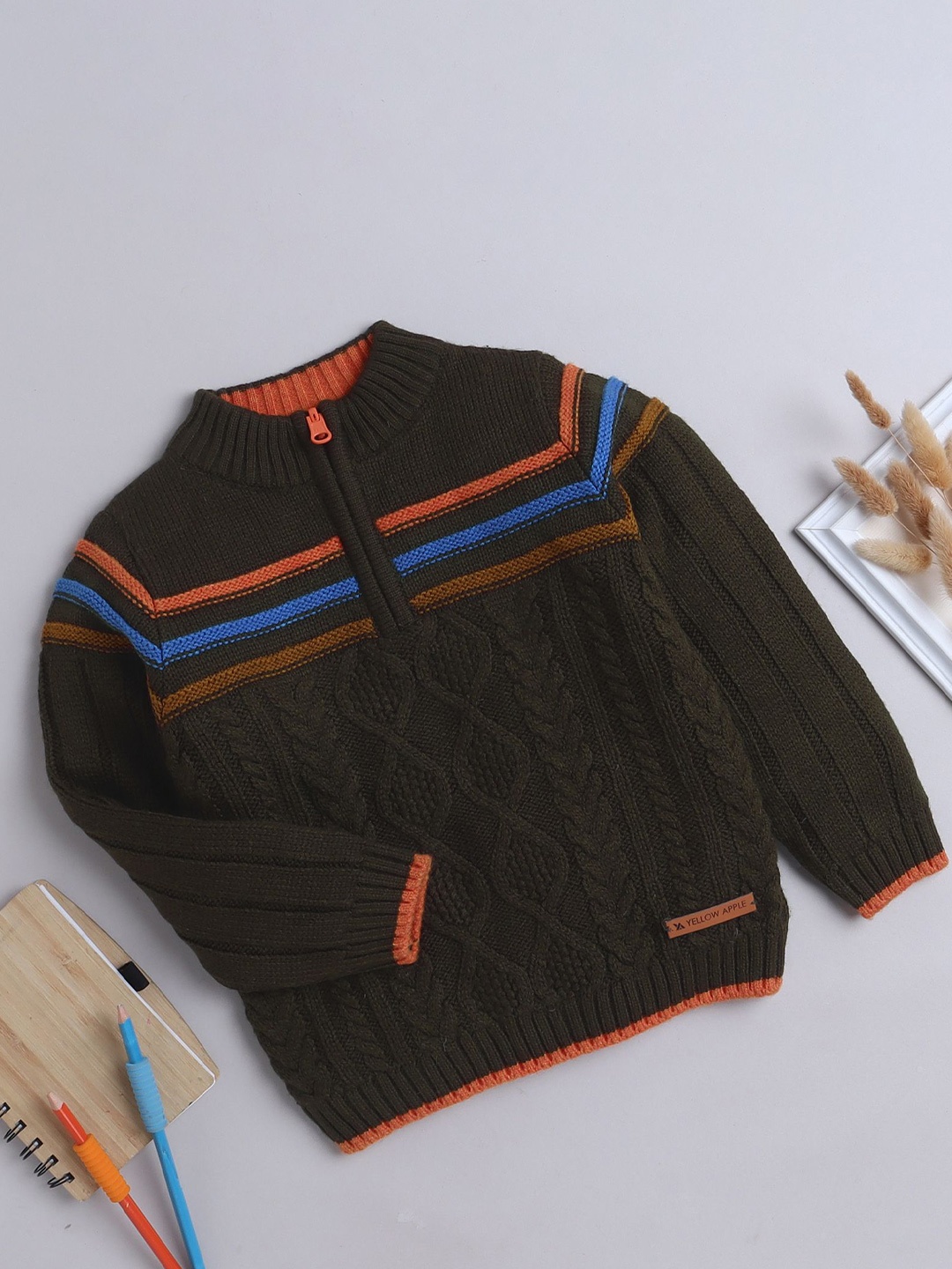 

Yellow Apple Boys Cable Knit Woollen Pullover Sweater, Olive