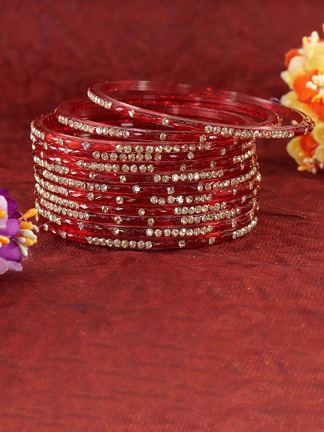 

LAVAZZA Set Of 12 Zircon Diamond & Beads Work Glass Bangles, Red