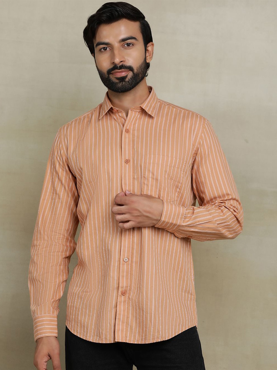 

JADE BLUE Men Cutaway Collar Vertical Striped Cotton Casual Shirt, Orange