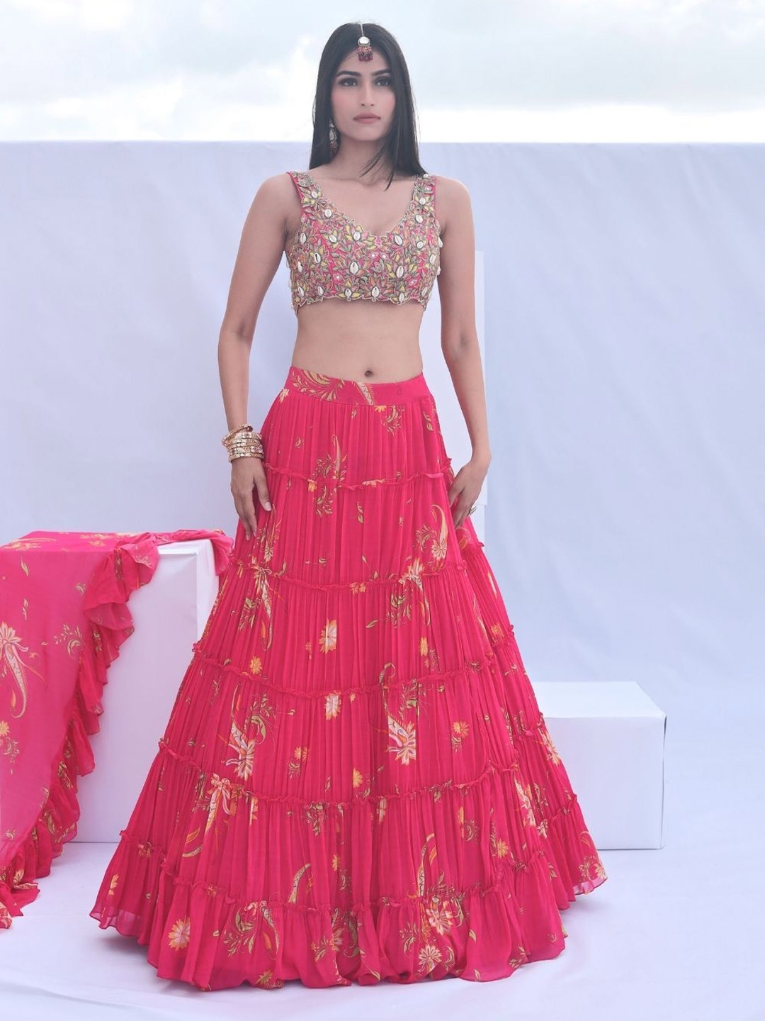

Foram patel Pink Paisley Printed Tiered Ready to Wear Lehenga Set