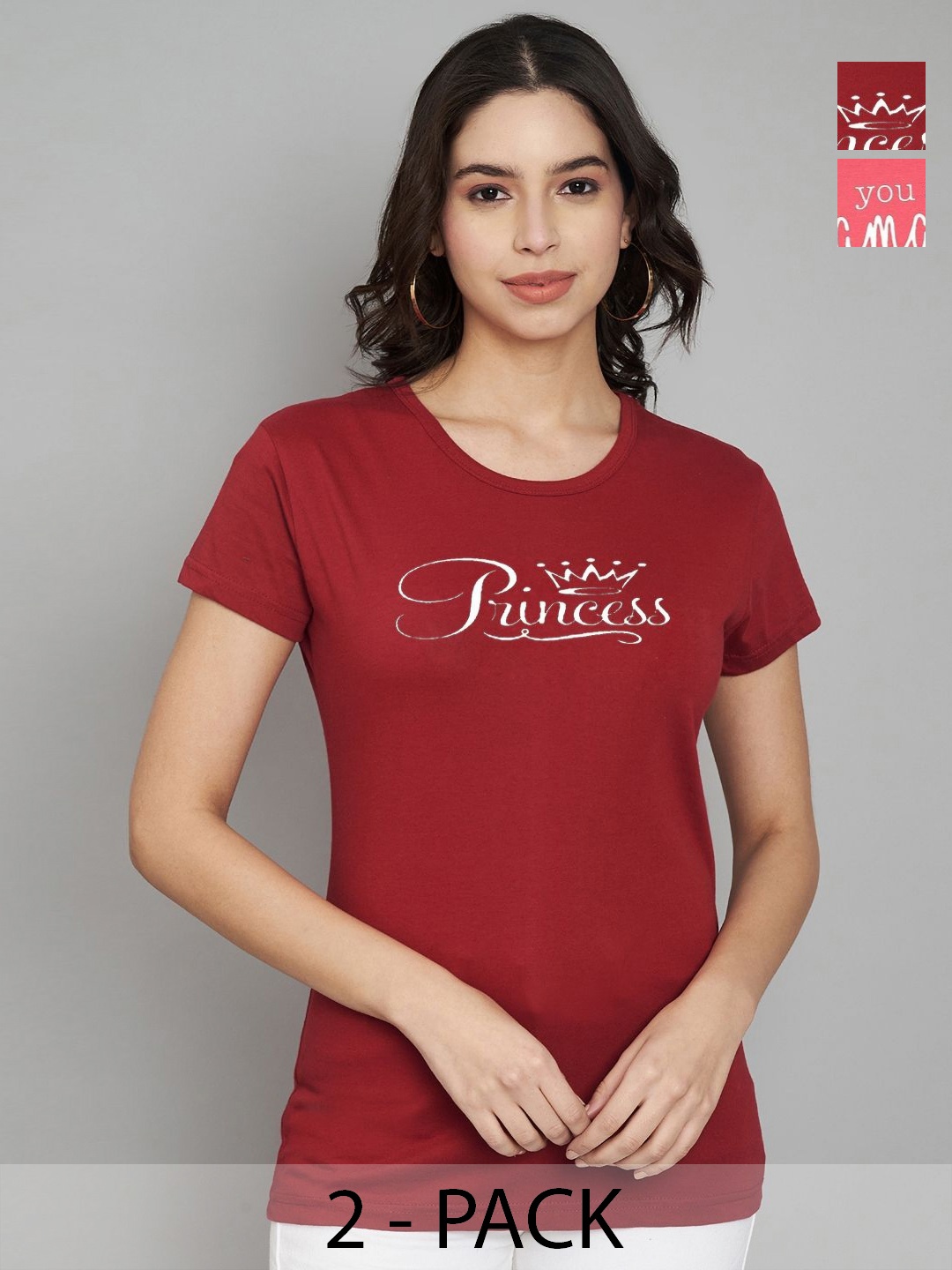 

Trend Level Women Pack Of 2 Typography Printed Round Neck Cotton T-shirts, Coral