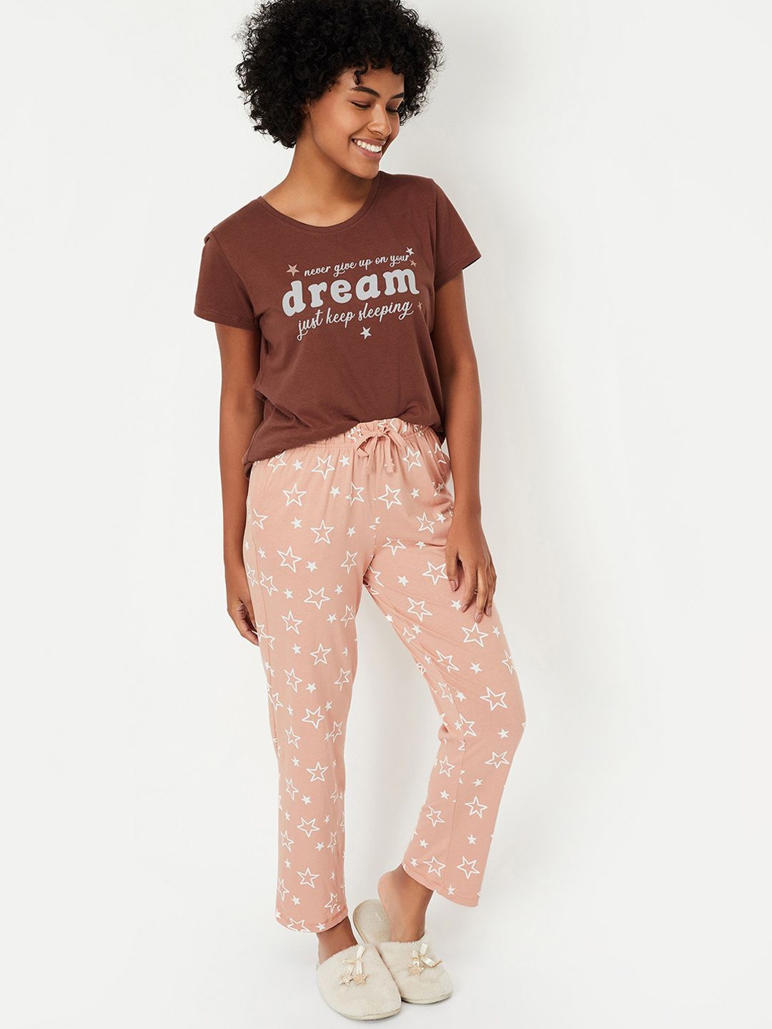 

max Women Typography Printed Night suit, Brown