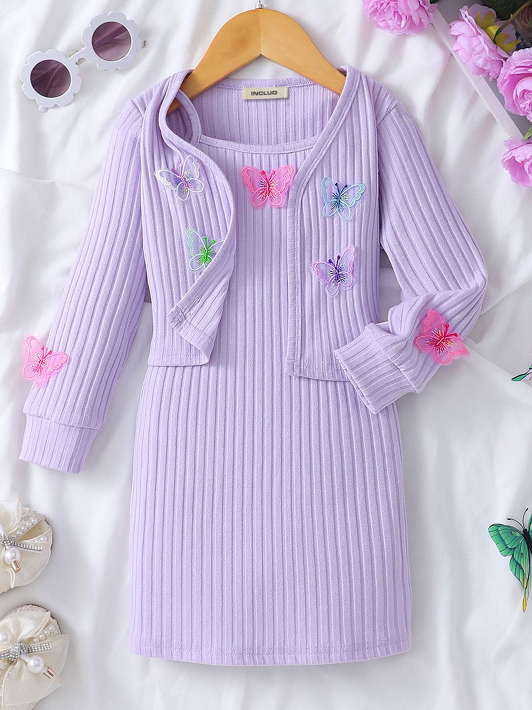 

INCLUD Girls Striped Butterfly Applique Bodycon Dress, Purple