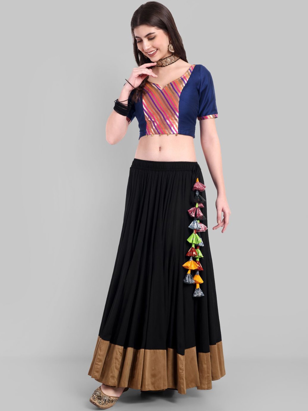

Mera Rang Women Pure Cotton Flared Maxi Skirt With Gold Border, Black