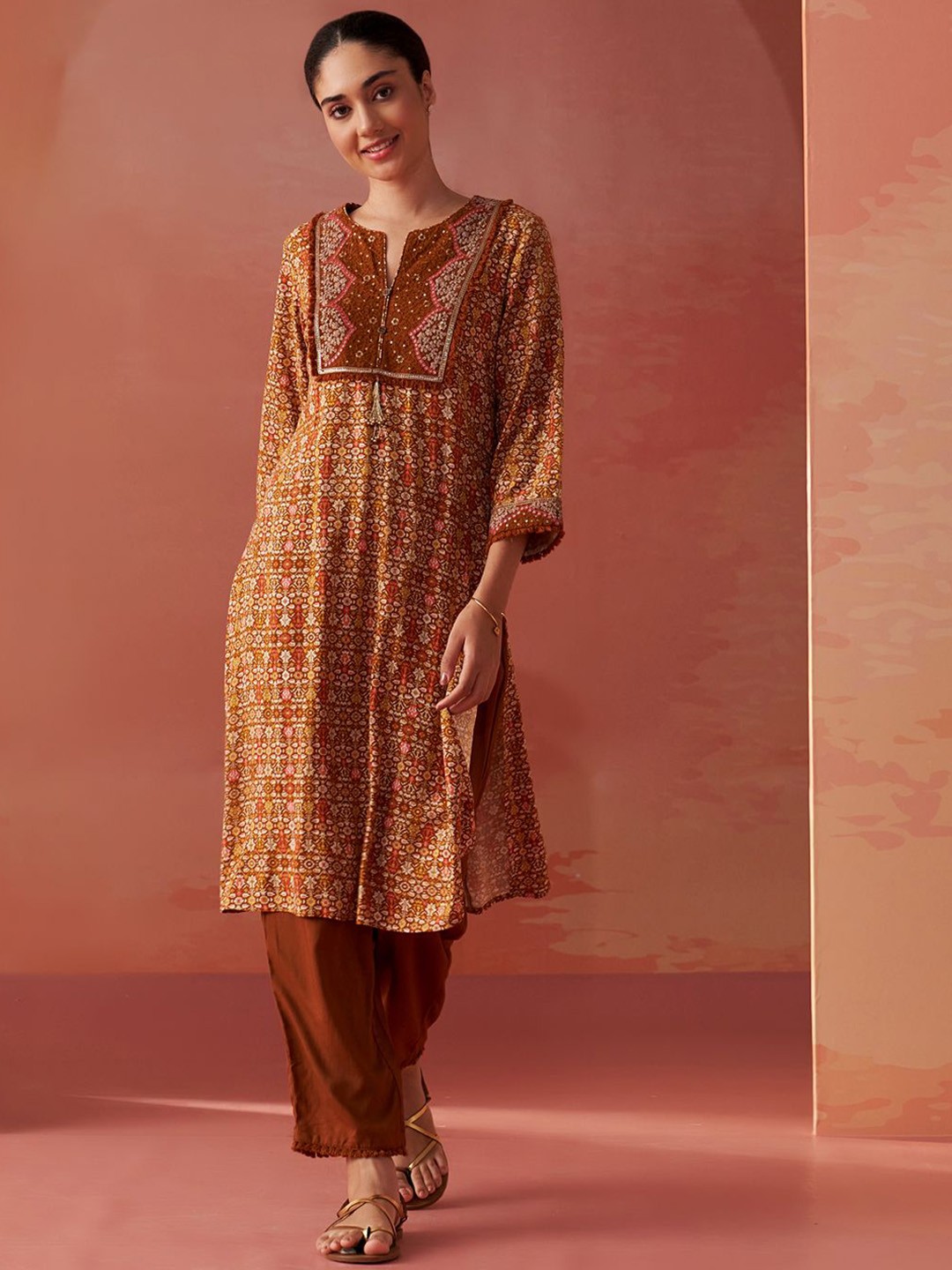 

Lakshita Women Top With Trousers Co-Ords, Brown