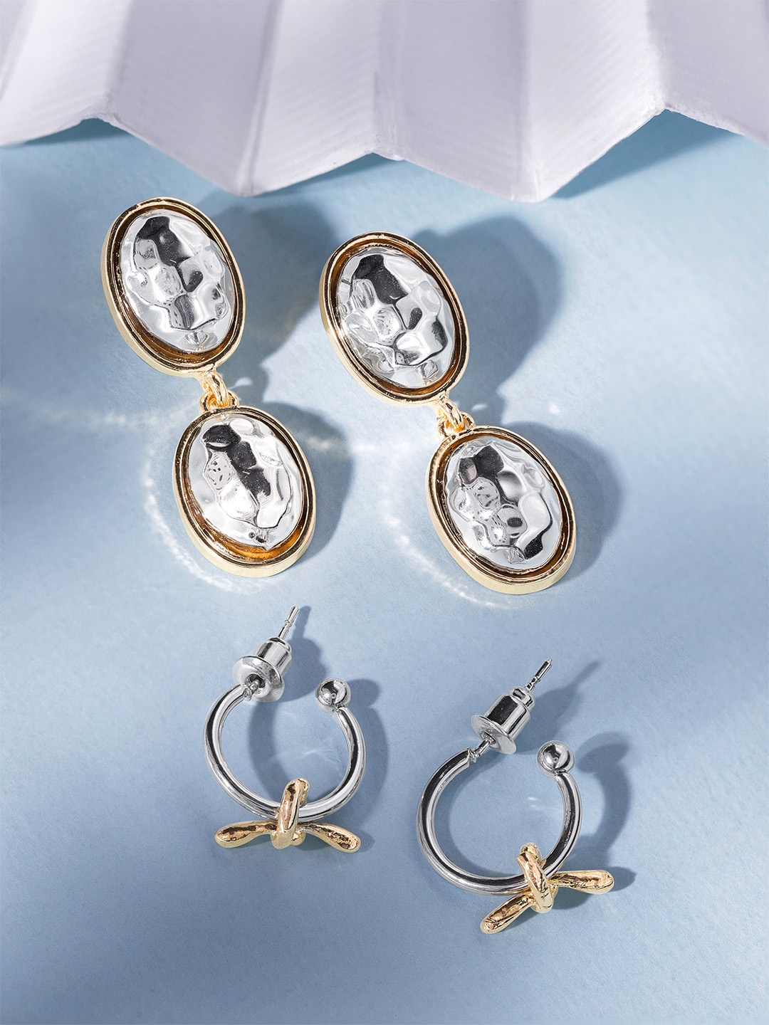 

Rubans Set of 2 Rhodium & Gold-Plated Stone Studded Oval and Drop Earrings, Silver