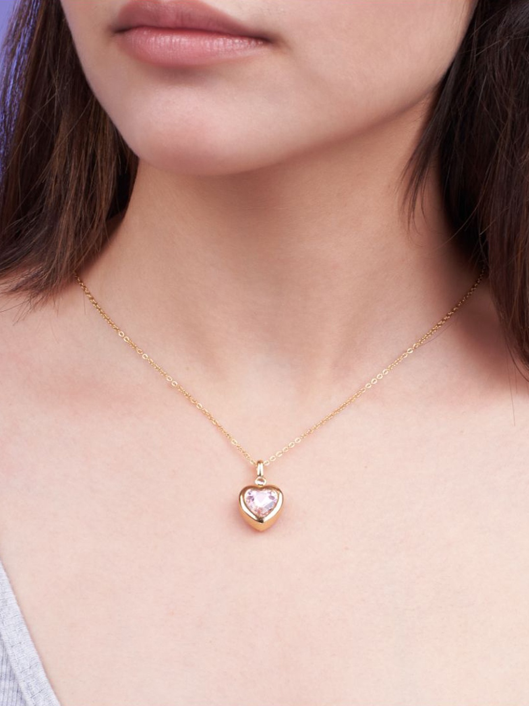 

SALTY Stainless Steel Rosy Stone Studded Love Pendant & Chain, Gold