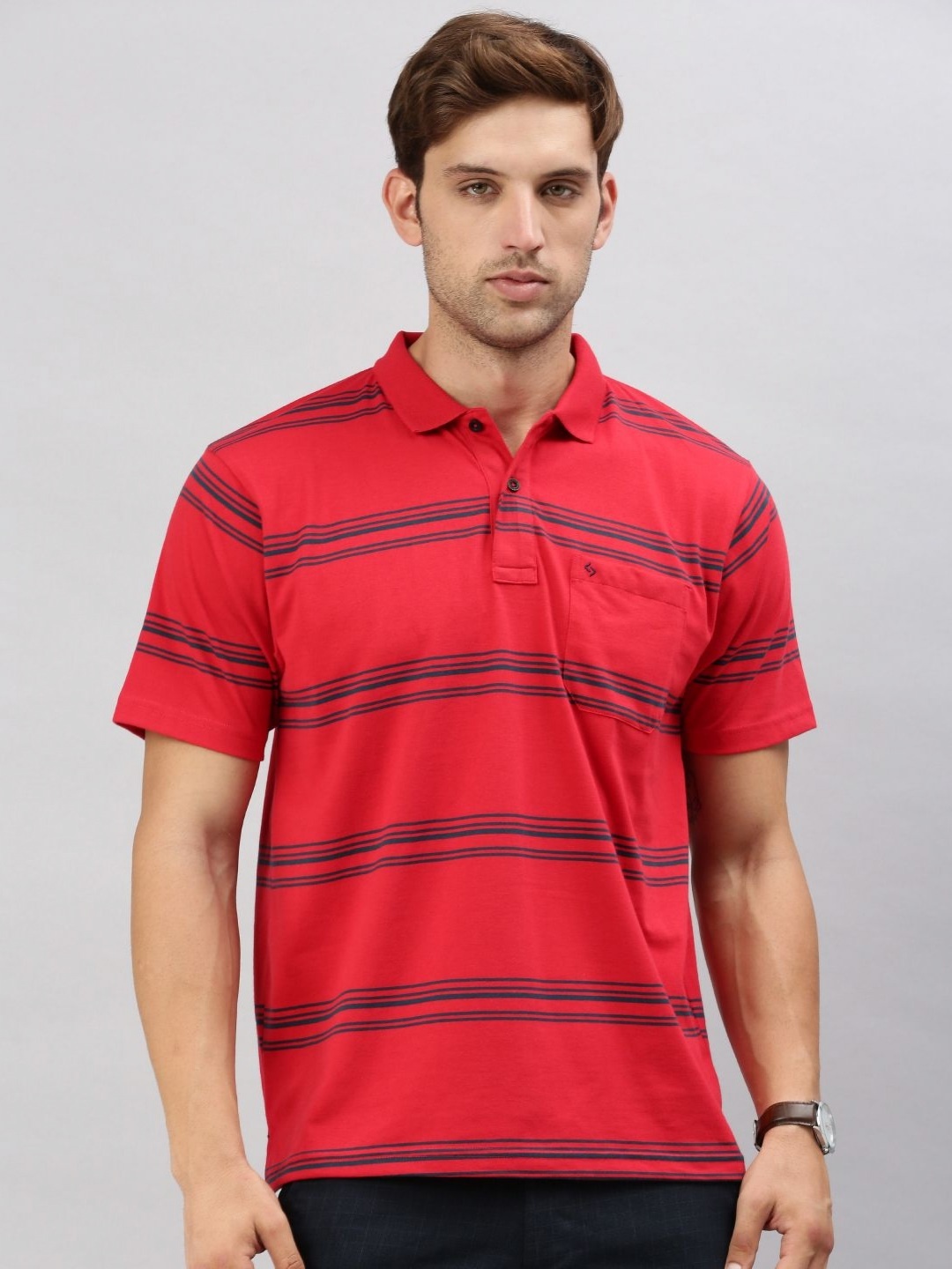 

Classic Polo Men Striped Polo Collar Cotton T-shirt, Red