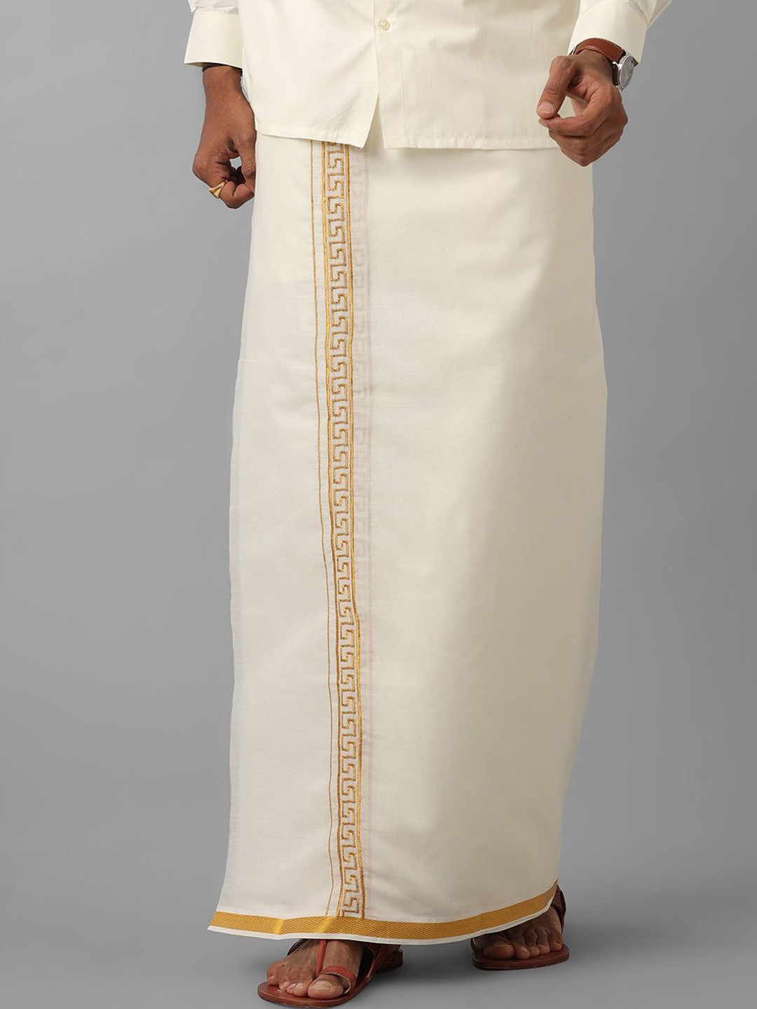 

Ramraj Men Double Layer Dhoti With Zari Border, Cream