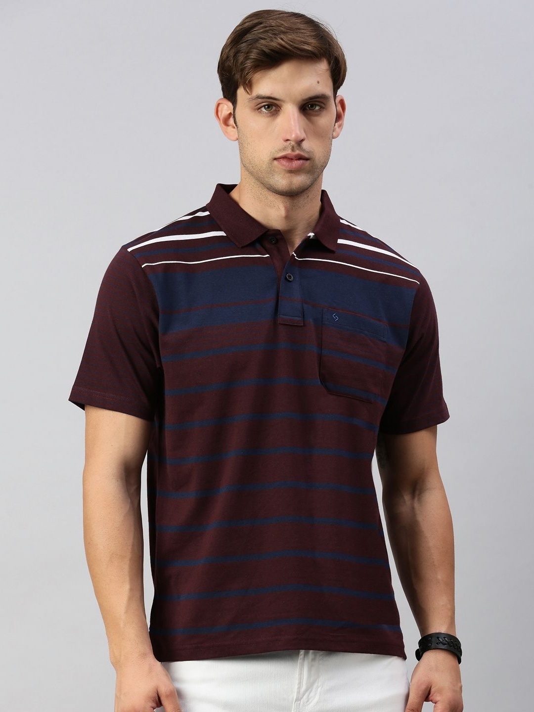 

Classic Polo Men Striped Polo Collar aw24 Cotton T-shirt, Burgundy