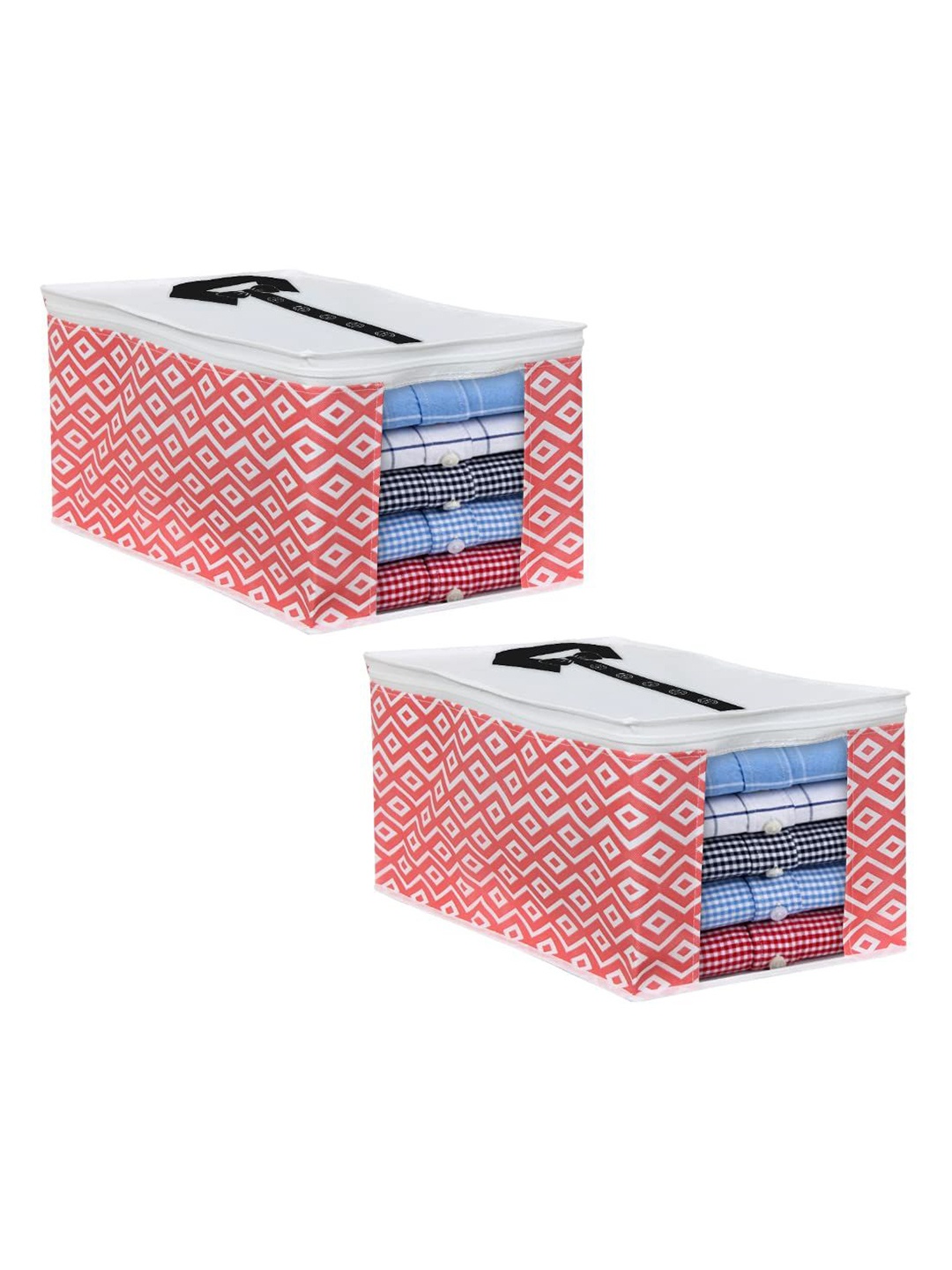 

prettykrafts Red & White 2 Pieces Geometric Printed Reusable Storage Organisers