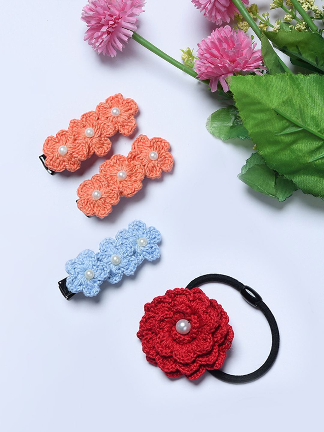 

FUNKRAFTS Girls Set of 4 Embellished Floral Crochet Hair Accessory Set, Blue