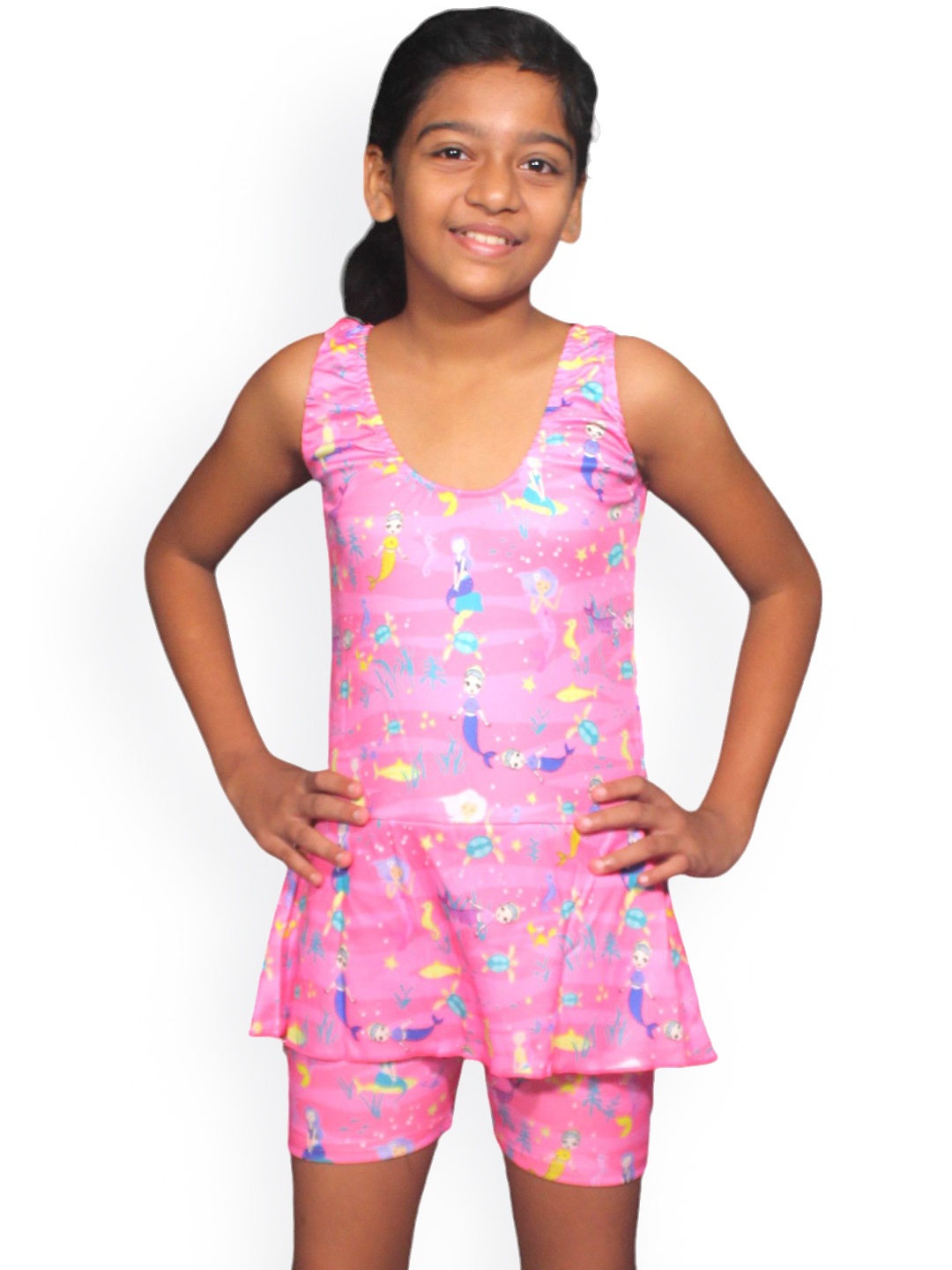 

Aqua Holic Girls Animal Graphic Printed Round Neck Swimwear Suit, Pink