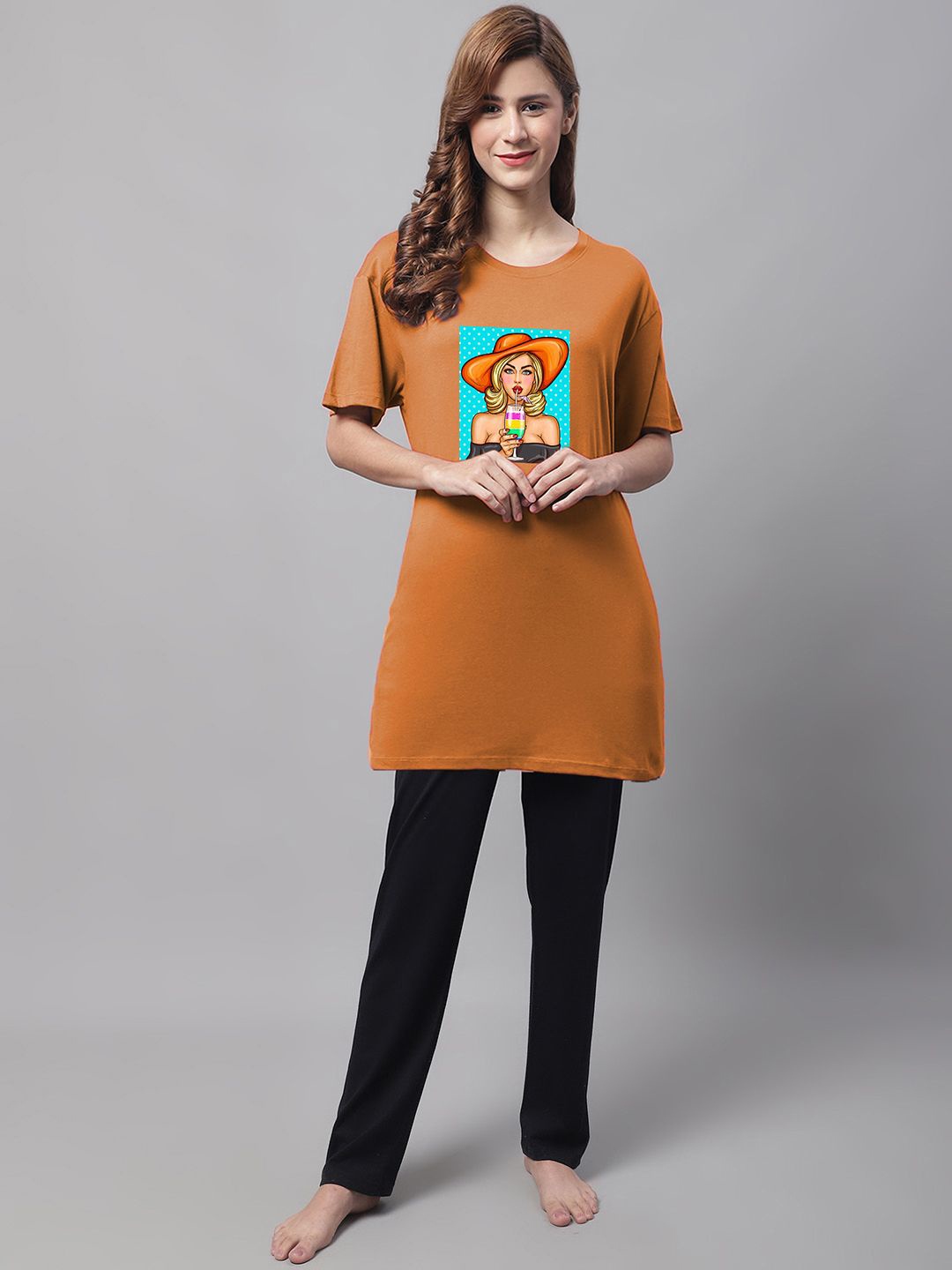 

Kanvin Women Slip-On Printed Night suit, Rust