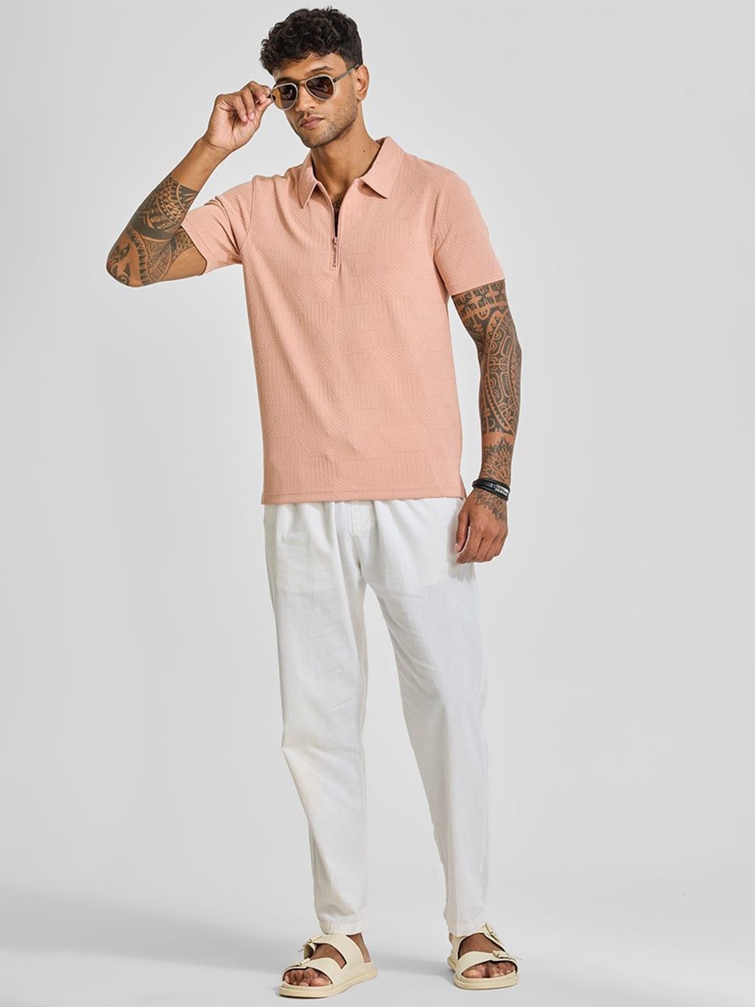 

Snitch Men Self Design Polo Collar T-shirt, Peach