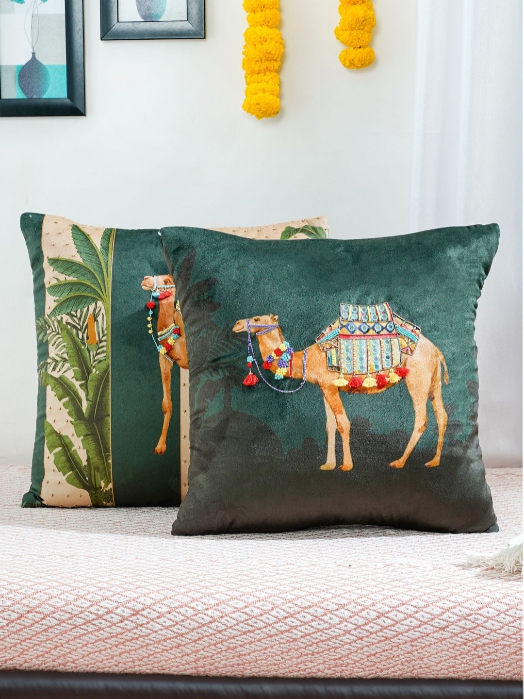 

Mid July Home Teal & Beige 2 Pieces Quirky Velvet Square Cushion Covers