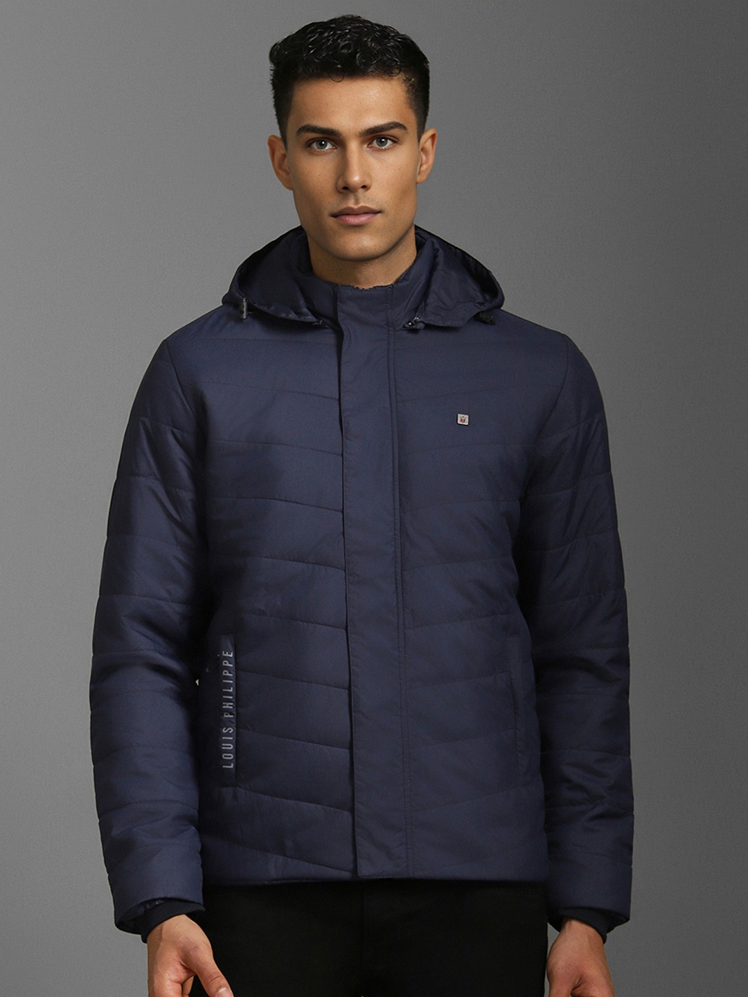 

Louis Philippe Sport Men Hooded Solid Open Front Jacket, Navy blue