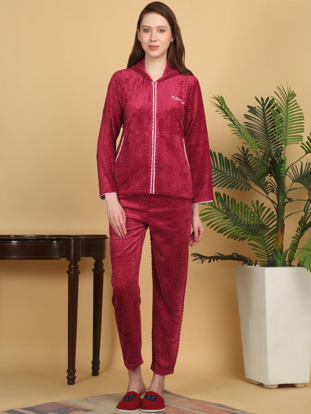 

KLOTTHE Women Hooded Woolen Night Suit Night suit, Red