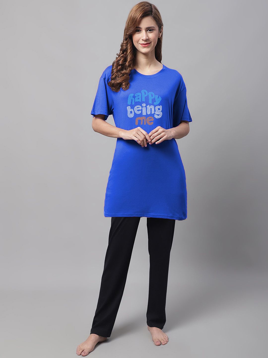 

Kanvin Women Typography Printed Pure Cotton Night suit, Blue