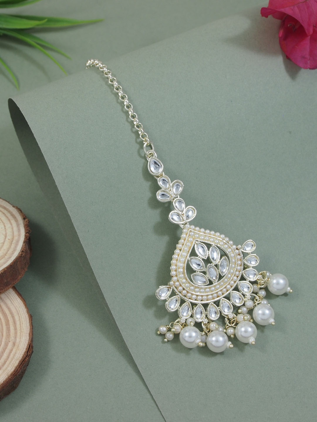 

I Jewels Gold-Plated Kundan & Pearl Maang Tikka