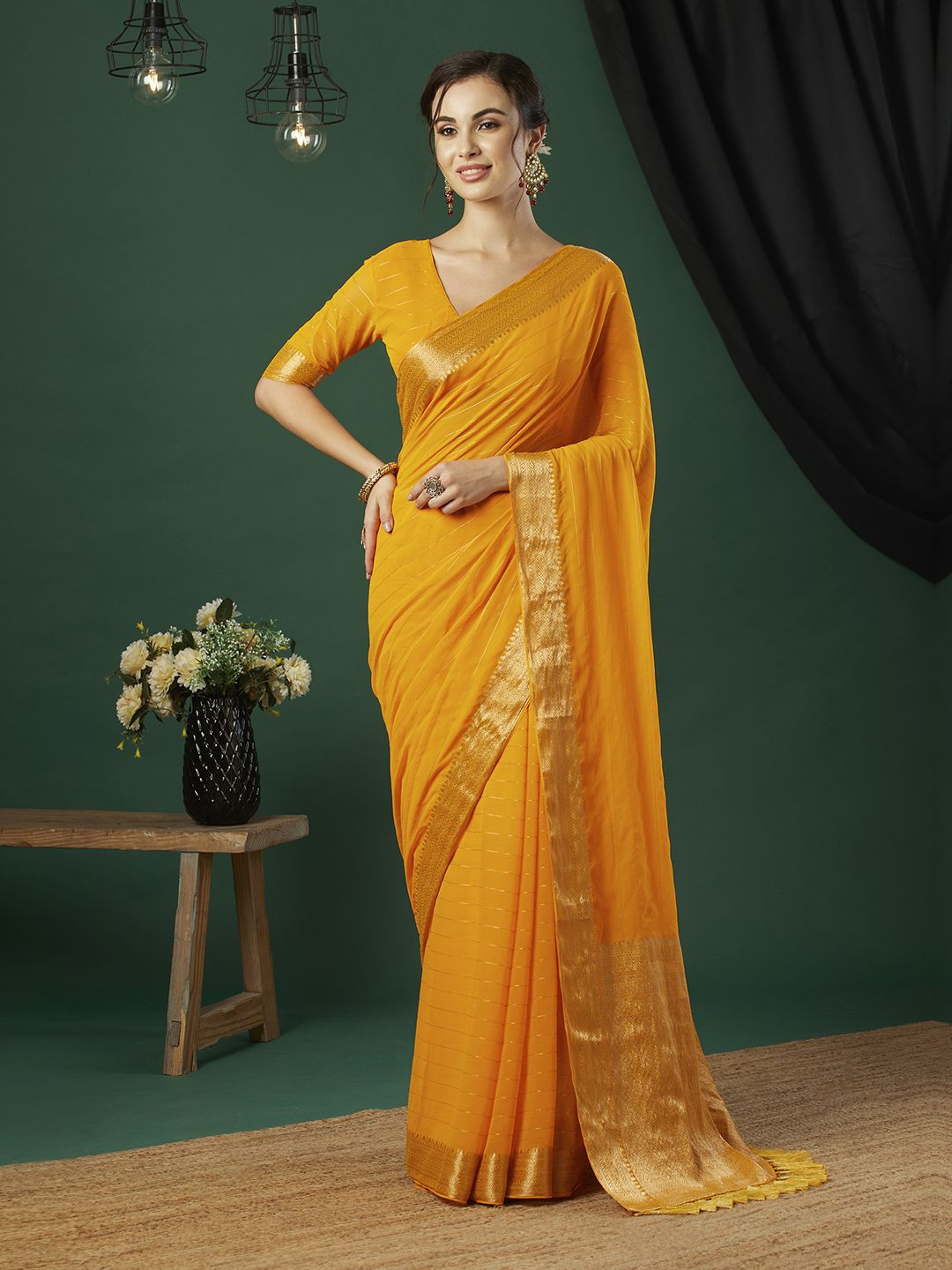 

HI FI NX Striped Woven Design Pure Chiffon Saree, Yellow