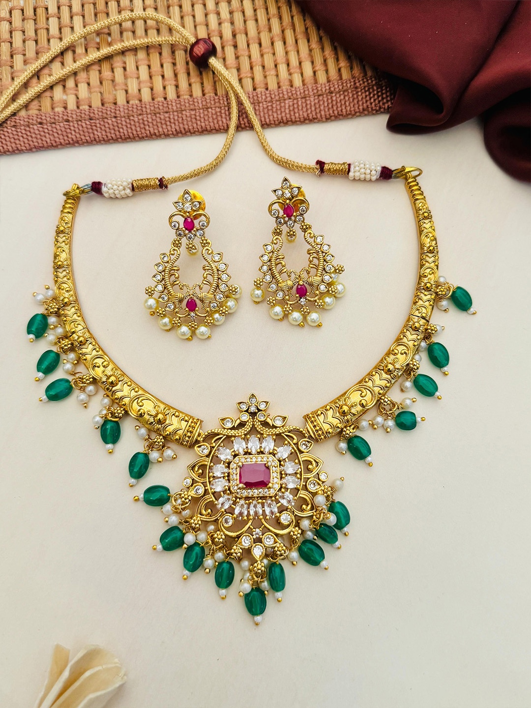 

ABDESIGNS Gold-Plated Artificial Stones and Beads Studded Temple Jewellery Set